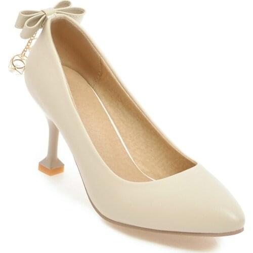 The spring of 2018 the new sexy high-heeled cat with shallow mouth after bow metal pendant 33-46 yards single shoes 18317