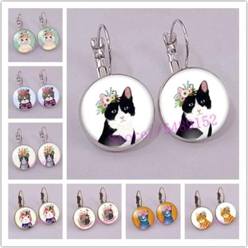 New Cute Flower Cat Stud Earring Lovely Animal Earrings Handmade Round Glass Dome Art Photo Jewelry Gifts Girl
