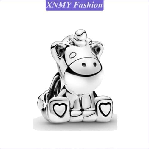 Original New Silver Color Charms Fits European Pandora Bracelets Beads Bruno The Unicorn Charm Bead Women DIY Jewelry Making