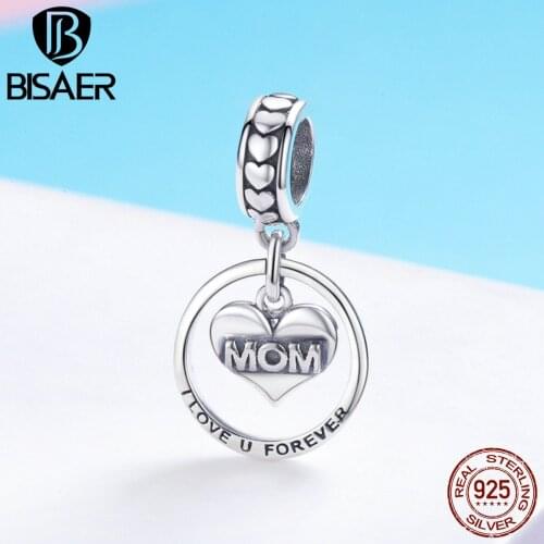 BISAER 925 Sterling Silver Charm Love you Forever Mom Mother Gift Heart Dangle Beads fit Bracelet Silver 925 Jewelry ECC649