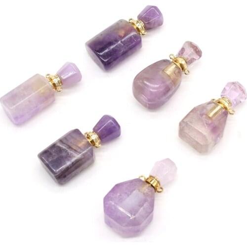 Natural Perfume Bottle Amethyst Stone Pendant Necklace Purple Crystal Essential Oil Diffuser Stone Charms for Jewelry Making
