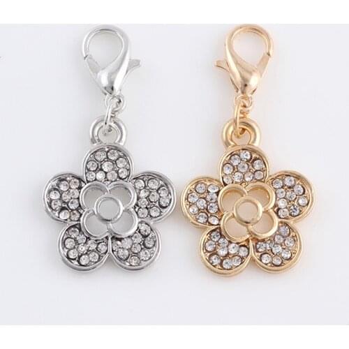 20Pcs/lot Fashion Hollow Flower Charms Pendant Charms Lobster clasp Rhinestone Silver Plated Golden Dangle Accessories 21*17mm