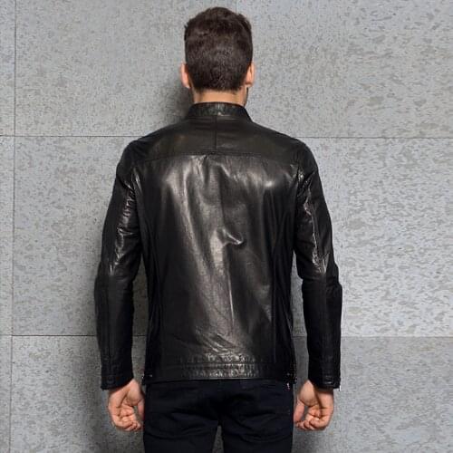Luxury Fashion Mens Slim Stand Collar Genuine Leather Jacket Outwear Brand Spring Zip Motorcycle Sheepskin Short Coat Plus Size