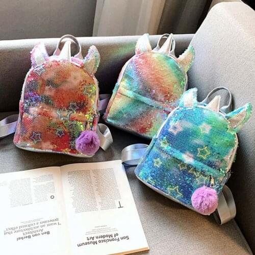 1 PC Colorful Cool Children Backpack Fur Ball Cute Unicorn Sequin Backpack Rainbow Glitter School Bag Dropship New Arrival