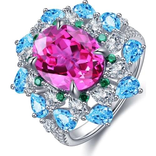 Fashion Trends Jewelry Oval Shape Lab Grown Ruby Sapphire Gemstones Blue Pink Flower Pattern Silver Rings