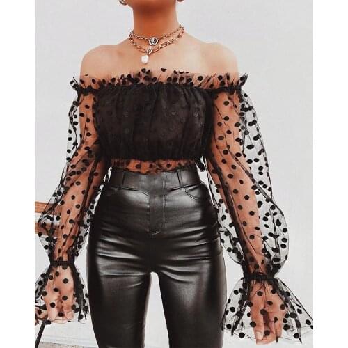 Womens Spring Autumn Casual Polka Dots Print Mesh Patchwork Puff Sleeve T-Shirt Fairy Lady Off Shoulder Sexy Tops Ruched T Shirt