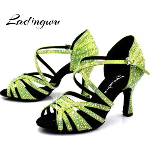Ladingwu Light Green Satin Latin Dance Shoes Women Profession Salsa Dance Shoes Women Ballroom Dance Sandals Rhinestone Shoes