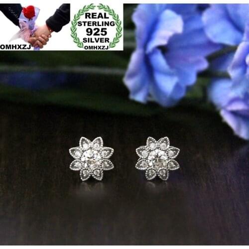 OMHXZJ Wholesale European Fashion Woman Girl Party Wedding Gift White Snowflake Zircon 925 Sterling Silver Stud Earrings EA117