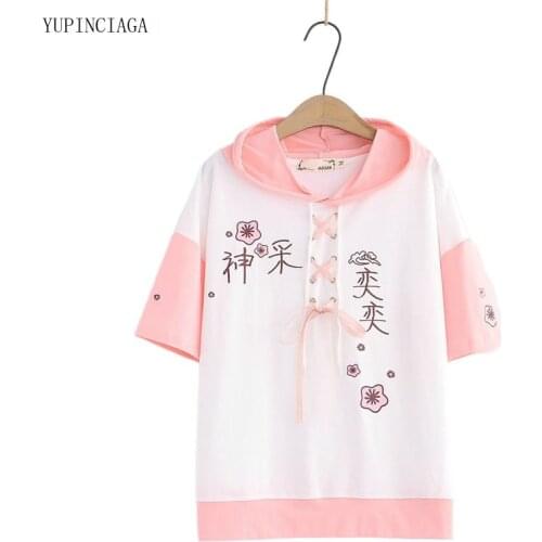 Women Short Sleeve Hoodies 2021 Summer Print Cotton Patchwork Hooded Sweatshirts Casual Tracksuits Female Pullover 2115536