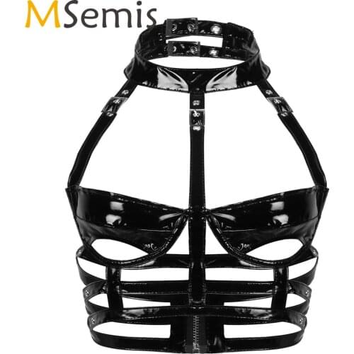 Womens Punk Gothic Caged Bra Erotic Halter Bondage Patent Leather Bralette Tops Sexy Wet Look Latex Zipper Back Bustier Clubwear