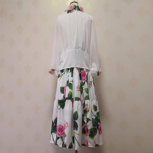 Fashion Designer Skirt Autumn Sets Womens Ruffled 3D Flower Appliques Beading Shirt + Rose Print Skirts 2 Pieces Suit