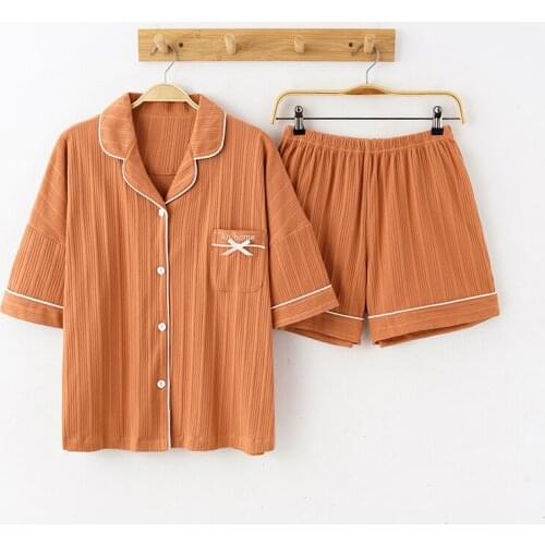 For Women Elastic Waist Wide Leg Shorts Women Turn-down Collar Bows Cute Sleewpear Simple Orange Summer Short Sleeve Pajamas Set