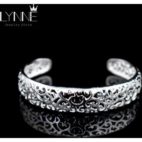 Hot Sale Ethnic Style Hollow Out Flower Design Silver Plated Resizable Bangle Women Vintage Silver Color Bracelet Jewelry Gift