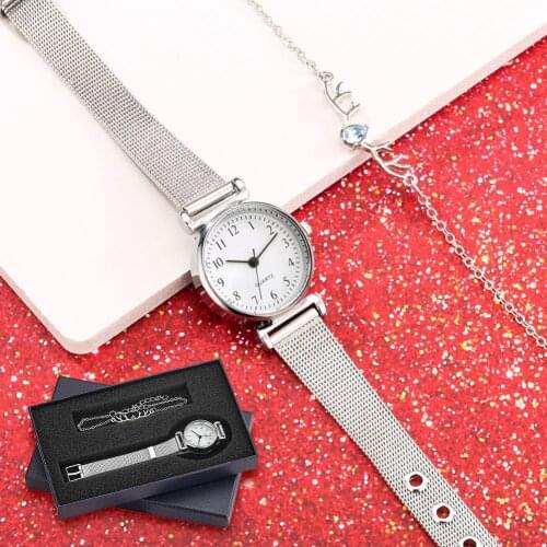 Girls Silver Elk Horns Silver Bracelet Women Arabic Numerals Dial Quartz Watch Mesh Pin Buckle Lady Watch Bracelet Gift Set