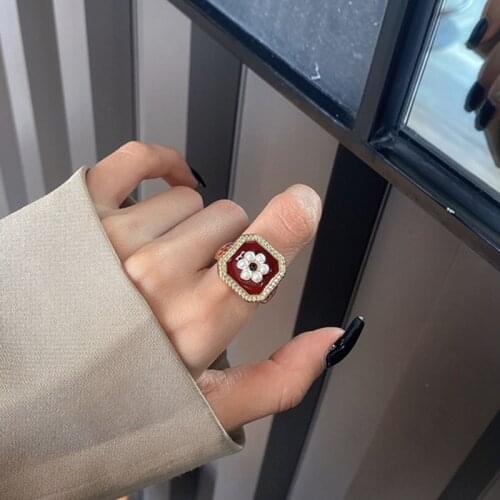 2021 Trend Red Enamel Pearl Flower Open Rings for Women Vintage Palace Style Index Finger Ring Fashion Jewelry Gift Dropshipping