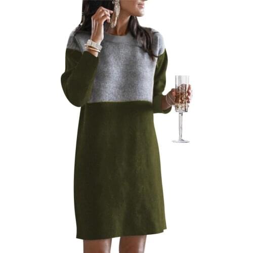 Plus size dress apparel autumn Women Casual Long Sleeve Patchwork Color Block Loose Knee-length Autumn Dress