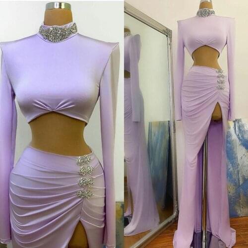 Lavander Evening Gowns 2020 Crystal Beaded Side Split Mermaid Prom Dresses High Neck Custom Made Robe De Soirée Long Sleeves
