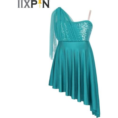 Girls Ballet Dress Adjustable Shoulder Straps Sequins Side Split Irregular Hem Dress for Lyrical Modern Contemporary Dance dress