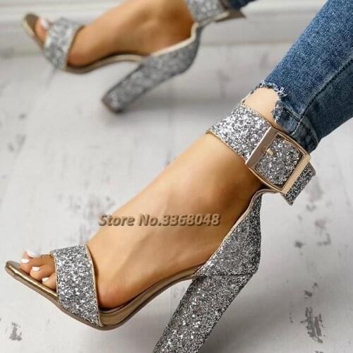 Stylish Sequin Open Toe Chunky Heeled Sandals Glitter Block Heel Ankle Buckle Shiny Dress Women Sandals Open Toe Dress Shoes
