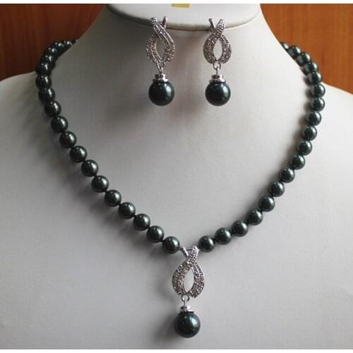 Perfect match 8mm black shell pearl necklace 14mm earrings and pendant jewelry set for Valentines day gift