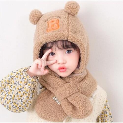 Child Winter Ear Protection Hat 2020 Kids Beanies Cap And Scarf Set Girls Cotton Inner Boy Letter Hat Warm Wear 1-5T Pink Khaki