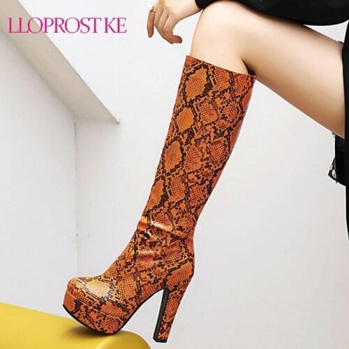 Lloprost ke 2020 Fashion Snake Paint Women Knee High Boots Thick High Heel Women Long Boots Autumn Winter Ladies Shoes Big Size