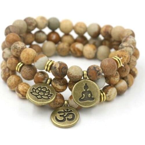 Matte Yellow Bark Stone Silver Plated OM Lotus Buddha Yoga Beaded Bracelet Men Women Couples Reiki Chakra Buddhist Bracelets