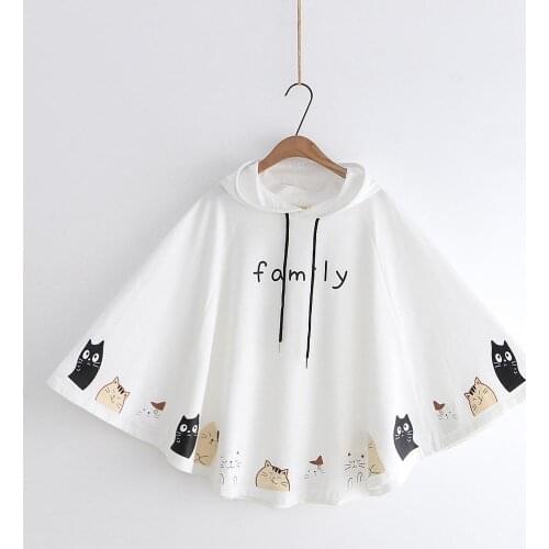 Harajuku Japenese Mori Girl Cartoon Cat Print Sweet Hooded Letters Loose Cotton Cape Pullovers With Horns Girls Teens Hoodies