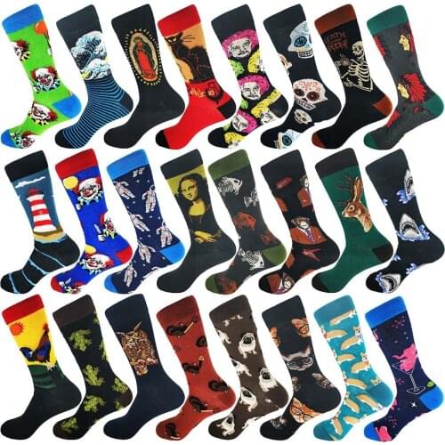Colorful mens socks cotton cute pattern fashion streetwear novelty animal dog Shark clown painting interesting man women socks