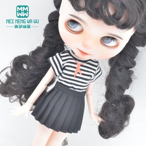 Clothes for doll fits Blyth Azone 1/8 doll accessories Pleated skirt, striped T-shirt, shirt