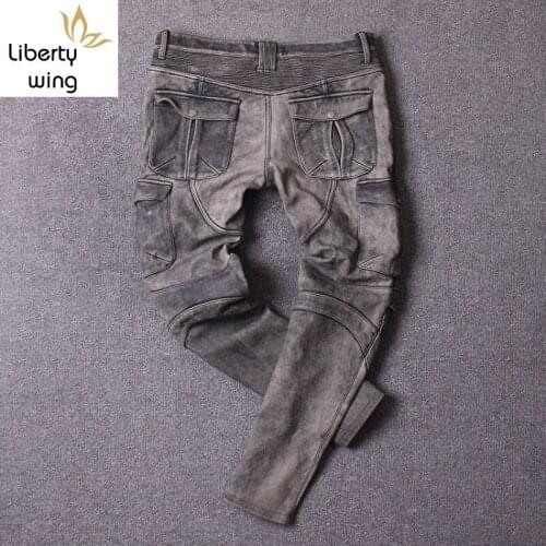 Luxury Cowhide 100% Real Motorcycle Biker Multi Pockets Vintage Safari Long Pants Leather Punk Trousers Plus Size