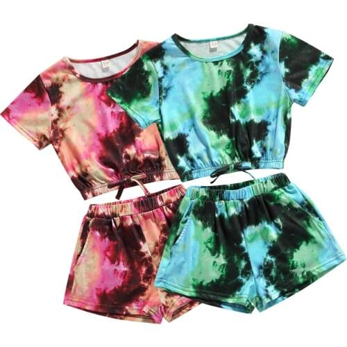 4-9Y Children Kids Girls Tie-Dye Printed Short Sleeve Tops Shorts Outfits Clothes Summer Fashion Casual Kids Clothes Sets