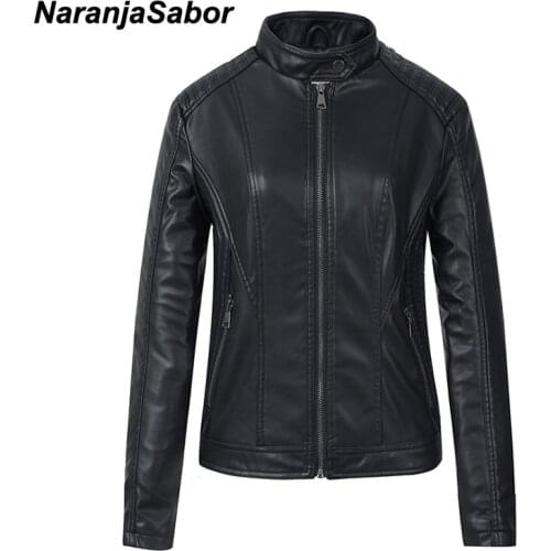 NaranjaSabor New Women PU Jacket Spring Autumn Motor Biker Leather Jacket Stand-up Collar Slim Zipper Female Short Coat NQ006