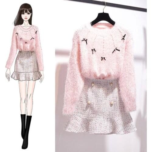 New Fashion Autumn Spring Two Piece Set Women Bow Beaded Pullover Sweater+Plaid Tweed Mermaid Skirt Set Soft Mohair Knitted Set