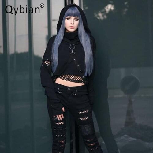 2021 Autumn Harajuku Strap Crop Top Solid Gothic Sweatshirt Women Hoodies Bandage Hole Patchwork Hip Hop Streetwear Women