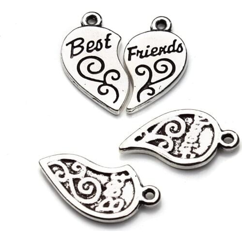 10pcs/lot Antique Sliver Carving Charms Heart Broken 2 Part Best Friends Pendant Necklace Gift Sister DIY Movie Jewelry F2965