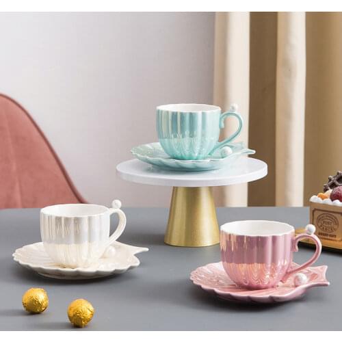 Nordic Pearl White Pink Green Sea Shell Cups and Saucers Ceramic Coffee or Tea Cup Set Best Gift Ideas Kitchen Home Office Decor