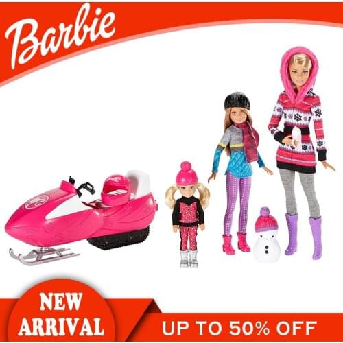Barbie Brand Girl Doll Toys Sisters Snow Fun Giftset Snowmobile Sled Accessories 3 Dolls FDR73 Kids Toy Christmas Gift For Kids