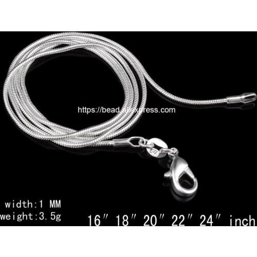 Free Shipping 1.0mm 2.0mm Silver Plated Lobster Clasp Snake Chain 16 18 20 22 24 inch Pick Size For handmade Jewelry DIY
