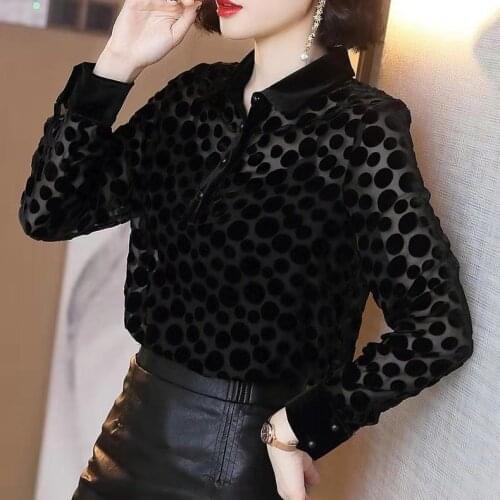 Blouse Women Black Polka Dot Shirt Womens Flocking Top Shirt for Autumn and Winter 2020 Blusas Ropa De Mujer