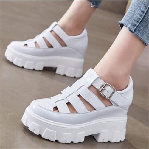 Summer Ankle Boots Womens Cow Leather Sandals Platform Wedge High Heels Round Toe Buckle Oxfords Shoes