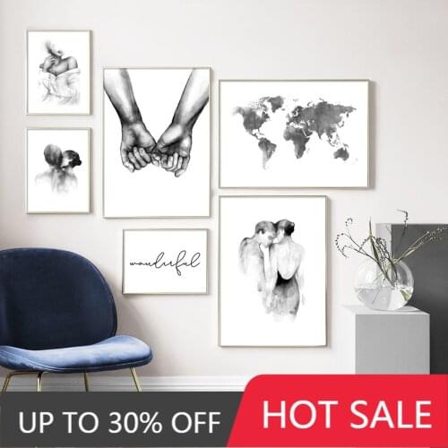 Black White Ink Lovers Hand Map Wall Art Canvas Painting Nordic Posters And Prints Wall Picturs For Living Room Wedding Decor