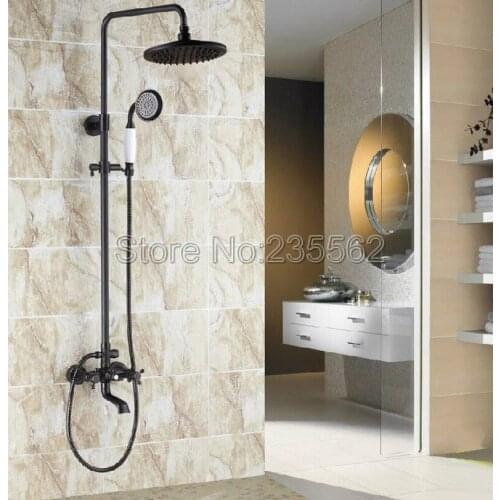 Black Oil Rubbed Brass Dual Cross Handle Bathroom Rain Shower Faucet Set Bathtub Mixer Tap with Ceramic Hand Shower Spray lrs382
