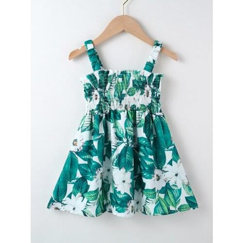 3-7 Years Girls Dresses Kids Summer Sleeveless Strap Princess Dress Green Leaf Print Strip Children Clothes Girl Casual Sundress