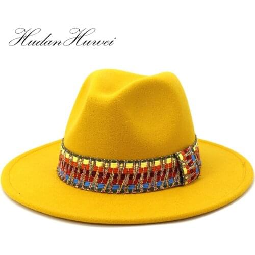 2020 Hot Sell Gentlemen Elegant Ladies Jazz Panama Woolen Fedora Hat Flat Wide Brim Church Wedding Caps