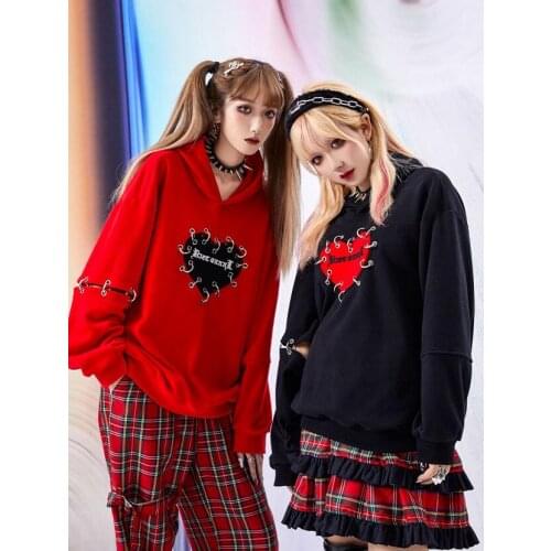 Harajuku Punk Gothic Hot Girls Red Black Embroidered Love Replaceable Metal Ring Detachable Hoodies Sweatshirt