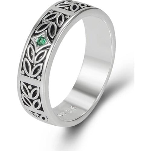 Inlaid Emerald Rings Thai Silver Rings Mens Rings European and American Retro Emerald Mens and Womens Rings