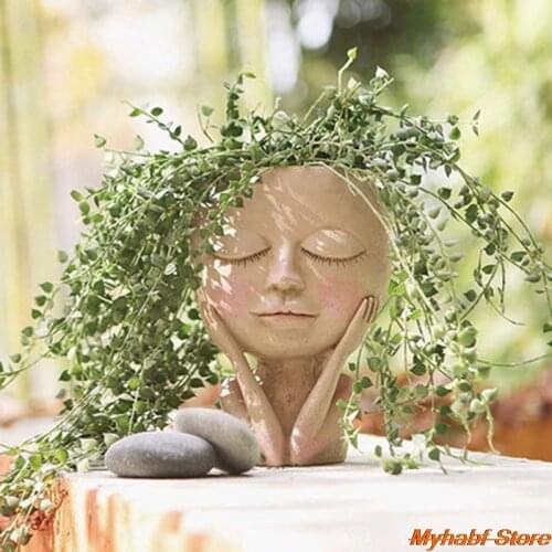 Creative Girls Face Resin Flower Pot Statue Ornaments Cute Closed Eyes Doll Face Head Flowerpot for Home Garden Tabletop Decor