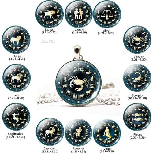 Fashion Women 12 Zodiac Sign Pendant Necklace Glass Cabochon Constellation Jewelry Birthday Gifts