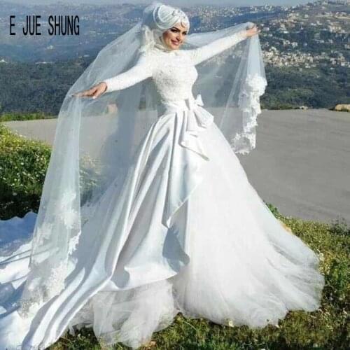 E JUE SHUNG Muslim Wedding Dresses Long Sleeves High Collar Bridal Gowns With Bow Lace Appliques Bride Dresses vestido de noiva